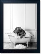 Black and White Bathroom Wall Decor Funny Hippo in Bathtub Wall Art Framed by Melpa+Art