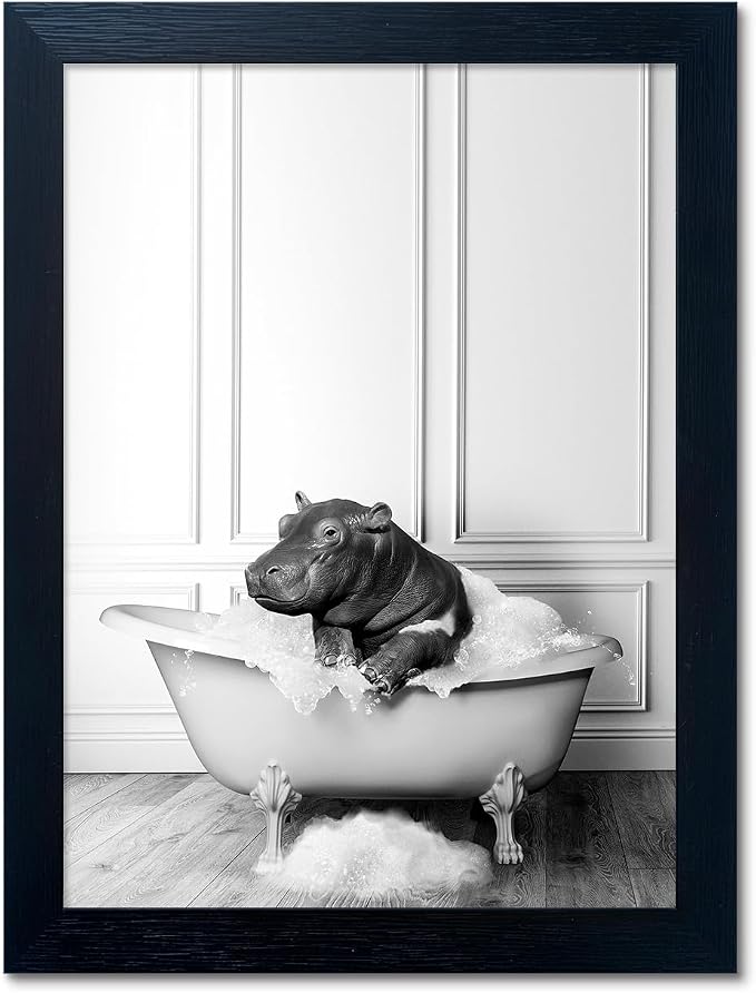 Framed Bathroom Decor Wall Art Black and White Canvas Print Cute Hippo in by Melpa+Art
