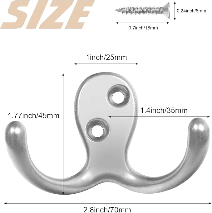 Homanu 24 Pack Coat Hooks, Heavy Duty Double Prong Coat Hooks Wall Mounted - Image 5