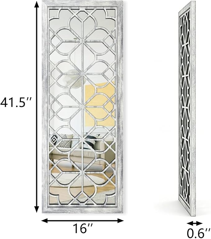 Set of 2 16x41.5 Inch Large Carved Floral Wood Frame Wall Mirrors, Shatterproof - Image 2