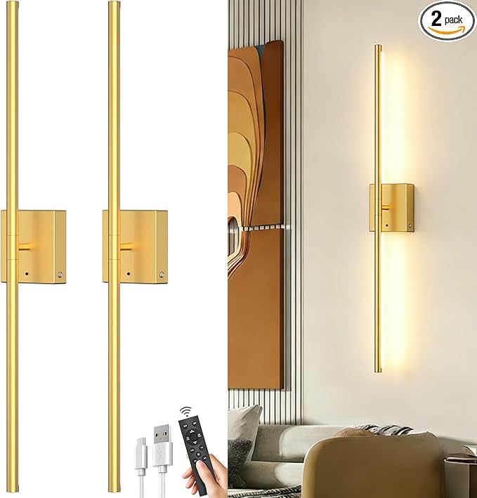 Battery Powered Wall Sconce Set of Two: Gold Wireless Rechargeable Wall Lights by iThirdHomeOutdoorLighting