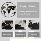 Large World Map Wall Clock, Metal Minimalist Modern Clock, Round Silent - Image 3