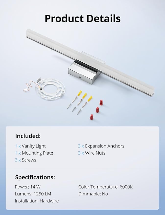 Combuh LED Vanity Lights Bar 24 Inch Bathroom Light Fixtures 14W IP44 Over - Image 9
