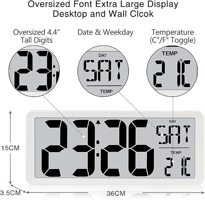 TXL 14.2" Large Digital Day Wall Clock, Custom 8 Languages Calendar, Count - Image 3