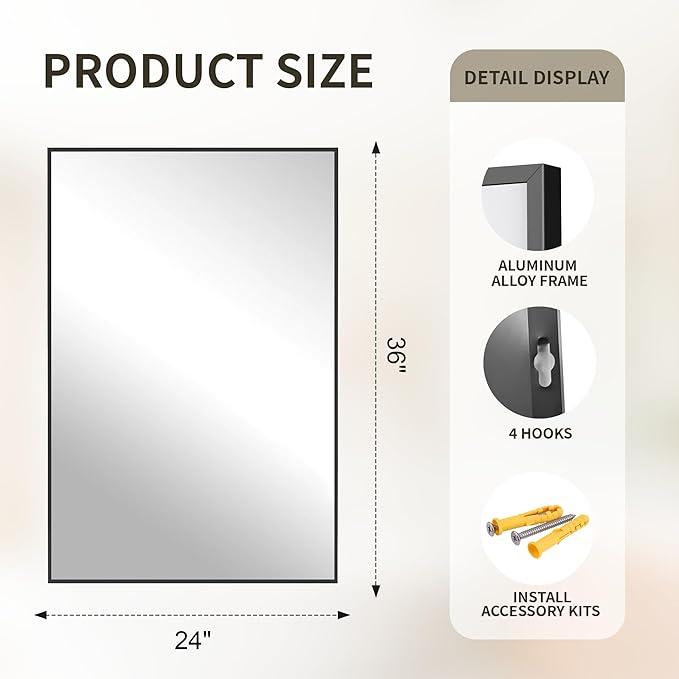 FICTOR Bathroom Vanity Mirror-Black, Shatterproof & Anti-Rust, Wall Mount - Image 2