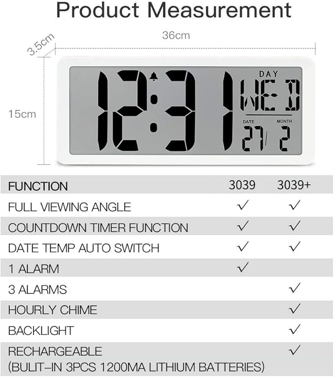 TXL 14.2" Large Digital Day Wall Clock, Custom 8 Languages Calendar, Count - Image 2