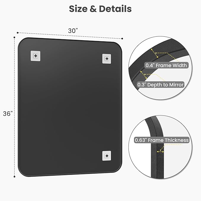 30x36 Inch Matte Black Bathroom Vanity Mirrors | Flush Mount Deep Set Metal - Image 7