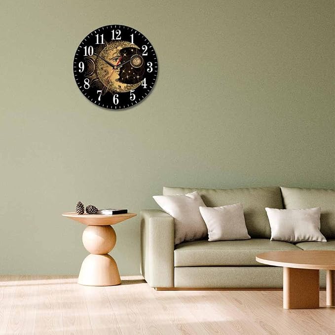 Mxocom Crescent Moon Wall Clock Boho Chic Golden Sun Ethnic Retro Night Black - Image 7