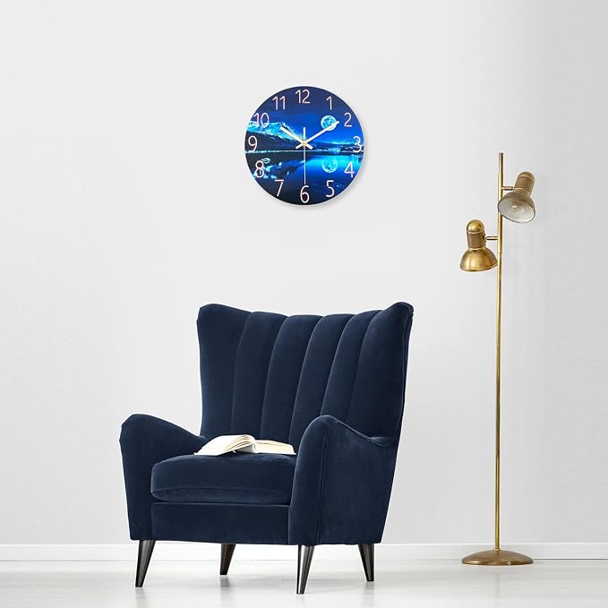 Blue Wall Clock for Bedroom 12 Inch Natural Landscape Round Analog Clock - Image 4