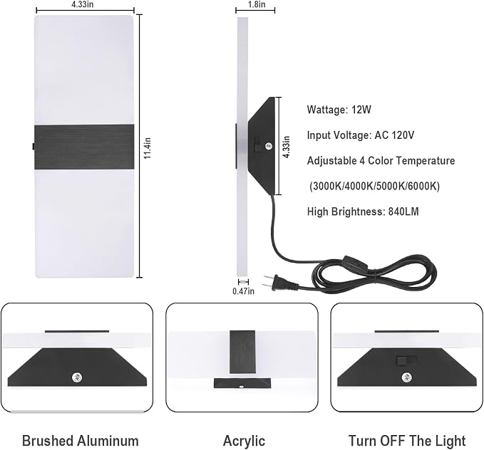 TRLIFE Modern LED Wall Sconces, Adjustable 4 Color Temperature 12W Wall Sconce - Image 4