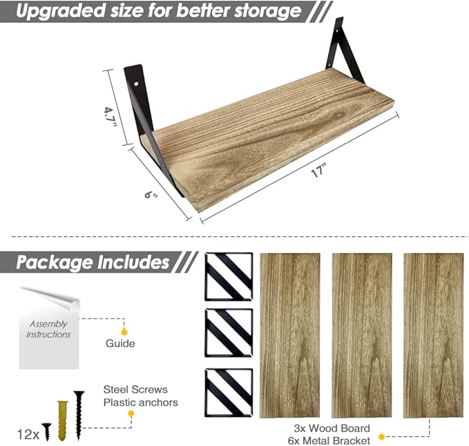 Floating Shelves with Black Metal Brackets Set of 3, Light Wood Wall Bookshelf - Image 3