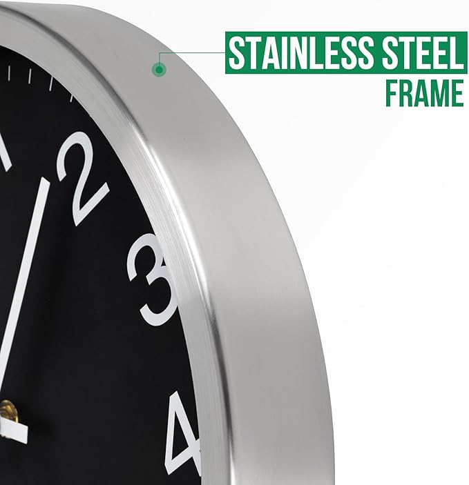 Wall Clock 12 Inch Metal Finish Silent Non Ticking Indoor Clock Round Battery - Image 4