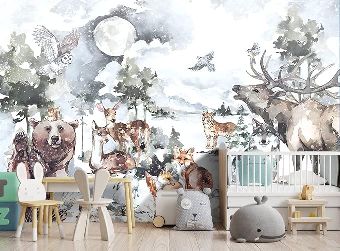 Boys or Girls Cartoon Watercolor Animals wallpeper Nursery Kids Bedroom wall - Image 2