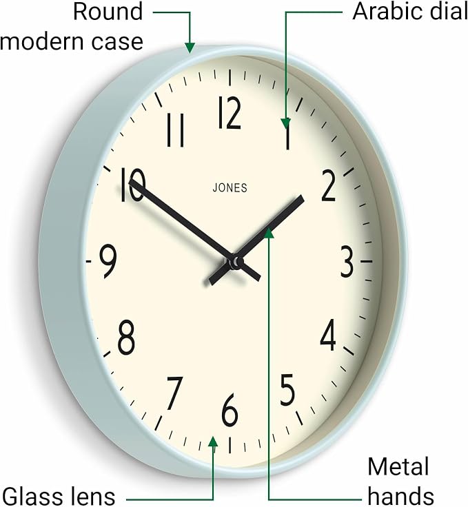JONES CLOCKS® Studio wall Clock | Modern Round Style | 12 inch | Pale Blue | - Image 6