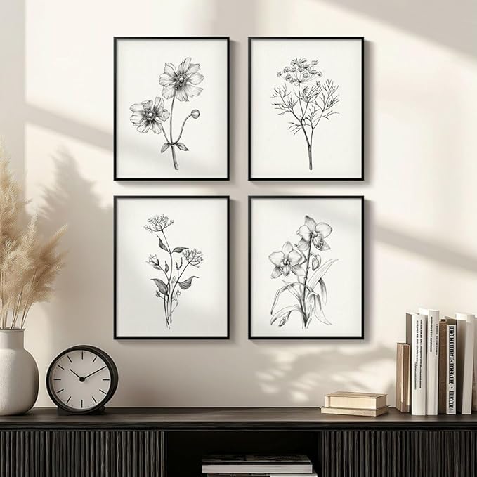 Framed Black and White Bathroom Wall Art, 4 Piece Vintage Floral Canvas Prints - Image 4
