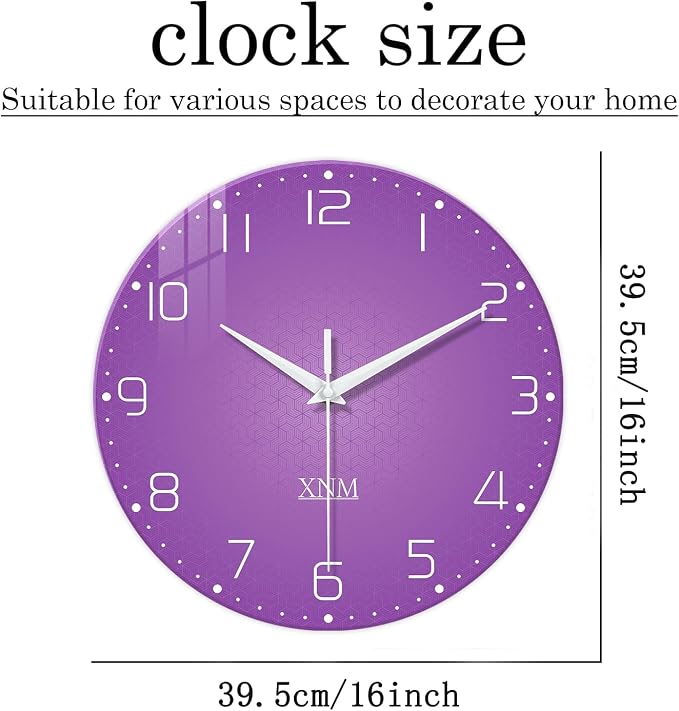 XNM Large Wall Clock for Girls Room 16 Inch Purple Clock Battery Operated Glass - Image 3