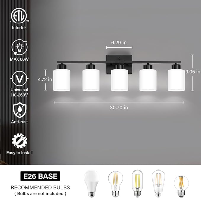 FonmYim Black Bathroom Light Fixtures, 5-Light Modern Vanity Light Over Mirror - Image 2