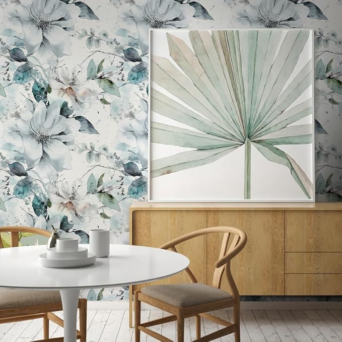 Ice Blue White Large Hyacinth Floral Green Leaf Peel and Stick Wallpaper Wall - Image 5