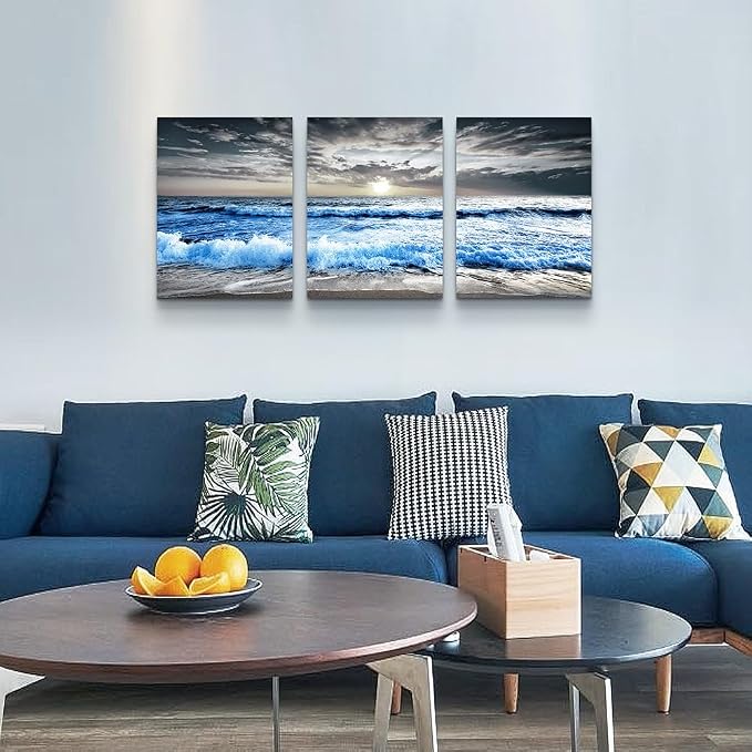 MHARTK66 3 Panel Blue Beach Canvas Wall Art - Image 5