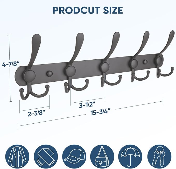 TICONN Wall Mounted Coat Rack, Five Heavy Duty Tri Hooks All Metal Construction - Image 2