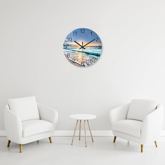 Blue Coastal Wall Clocks Battery Operated 16 Inch Glass Wall Clock Silent Beach - Image 3