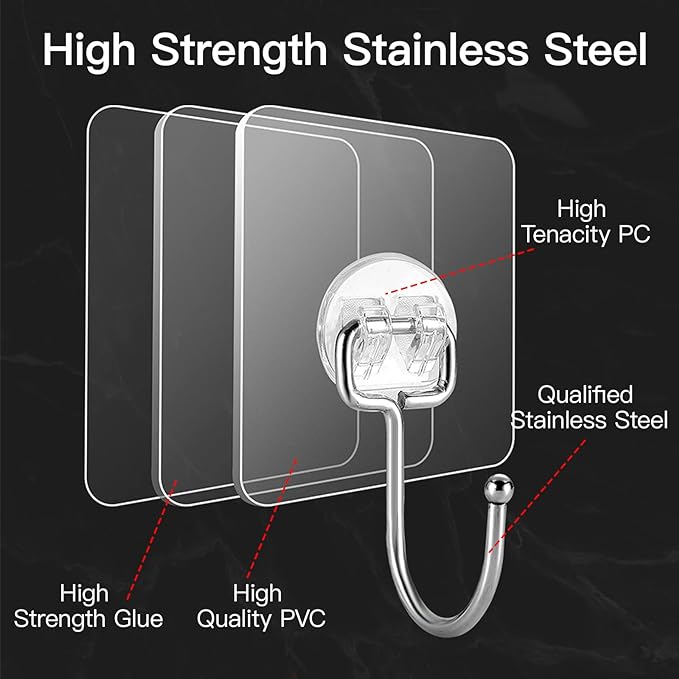 Large Adhesive Hooks for Hanging Heavy-Duty 44Ib 20 Packs, Wall Hangers without - Image 2