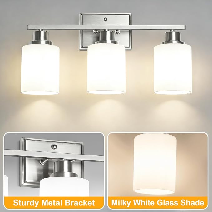 Unicozin 3-Light Bathroom Light Fixtures, Modern Brushed Nickel Vanity Light - Image 6