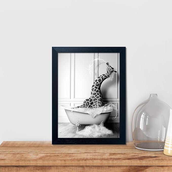 Black and White Bathroom Wall Decor Funny Giraffe in Bathtub Decor Framed - Image 7