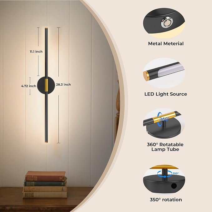 GvvooHome 28.3" Battery Operated Wall Sconces Set of 2, 360°Rotation - Image 8