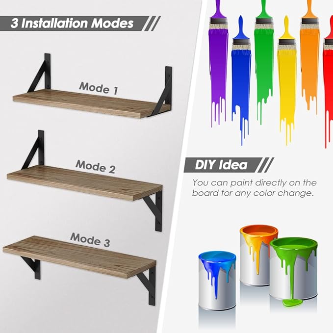 Floating Shelves with Black Metal Brackets Set of 3, Light Wood Wall Bookshelf - Image 6
