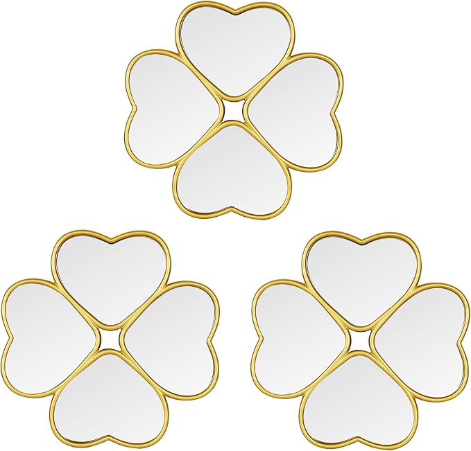 Small Decoritive Heart Wall Mirrors Set of 3, Decorative Four-Leaf Clover Mirror by LuHeToz