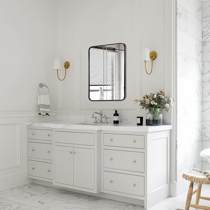 Wall Mount Mirror for Bathroom, Brushed Black Metal Framed Rounded Corner - Image 2