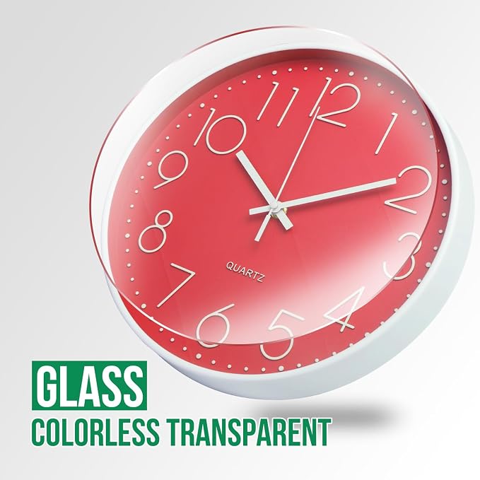 Wall Clock 10 Inch Non-Ticking Silent Modern Simple Style Round Decor Clock Red - Image 5