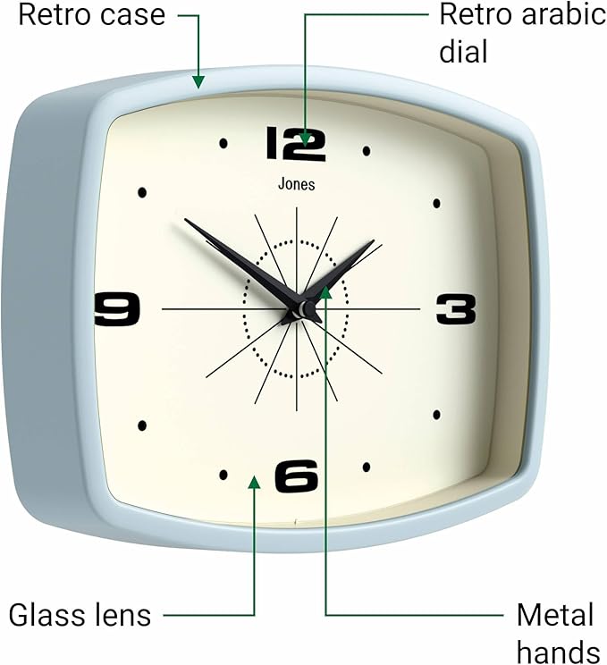 JONES CLOCKS® Movie wall Clock | Retro Rectangular Clock | 10 inch | Pale Blue - Image 6