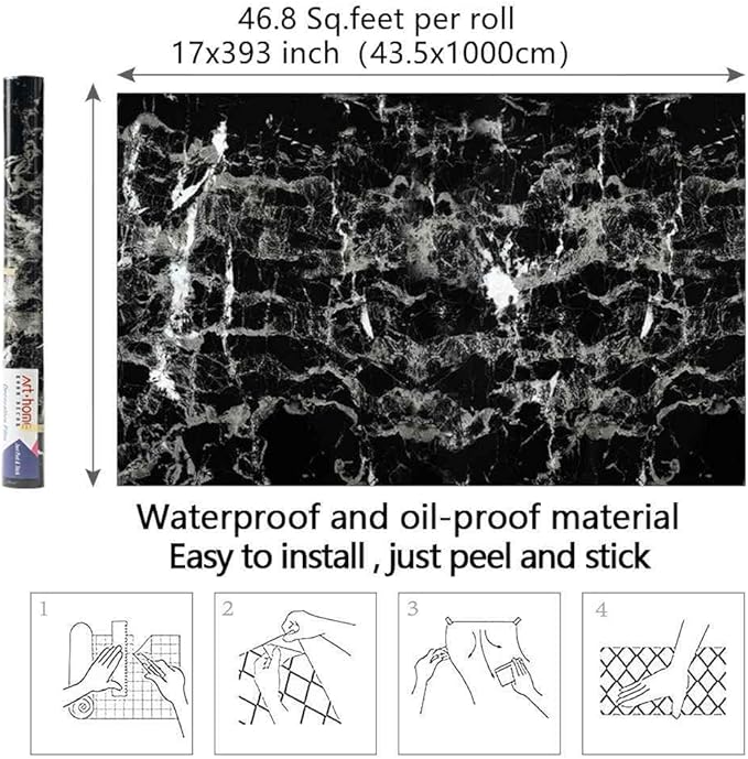 Arthome Black Marble Contact Paper, 15.7"x393" Self Adhesive Wallpaper - Image 7