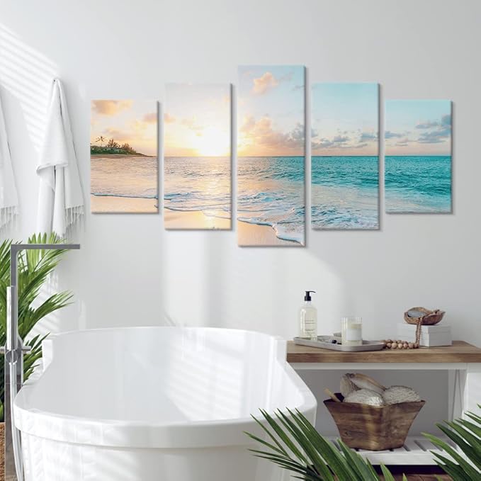 Goldfoilart 5 Pieces Beach Sunset Canvas Wall Art Blue Sea Prints Romantic - Image 2