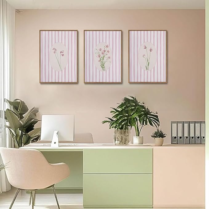 KISSFOX 3 Piece Floral Framed Wall Art Pink Wildflower Canvas Wall Art Flower - Image 6