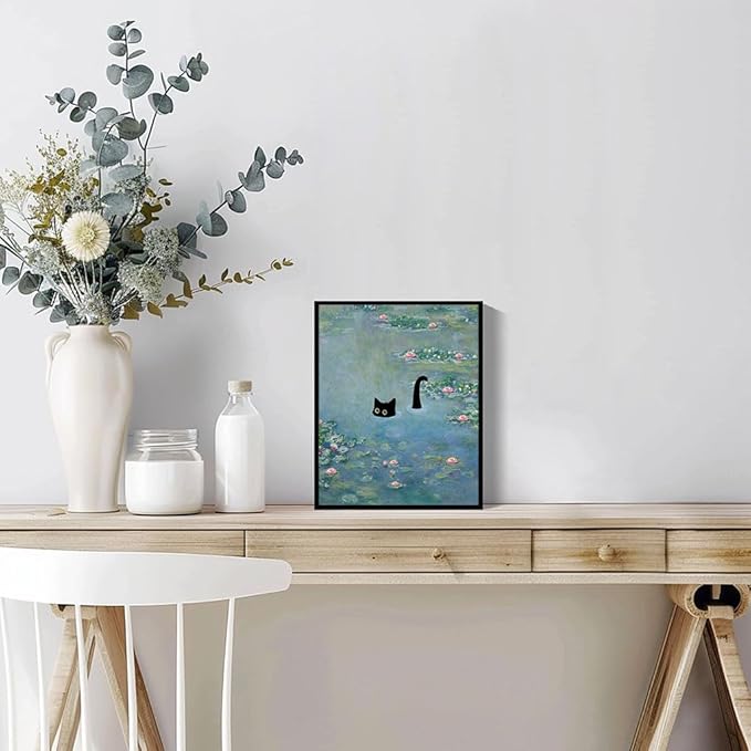 Hamduker Funny Black Cat Wall Art, Monet Art Water Lily Cat Wall Art Decor - Image 5