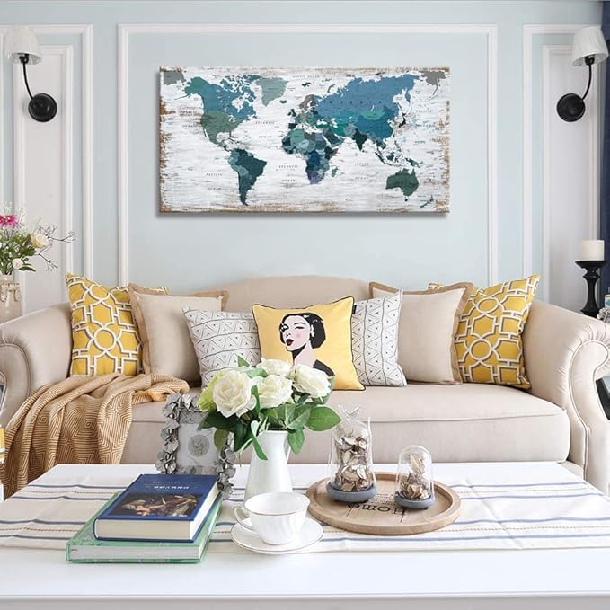 Teal Decor World Map Canvas Wall Art Pictures - Image 2
