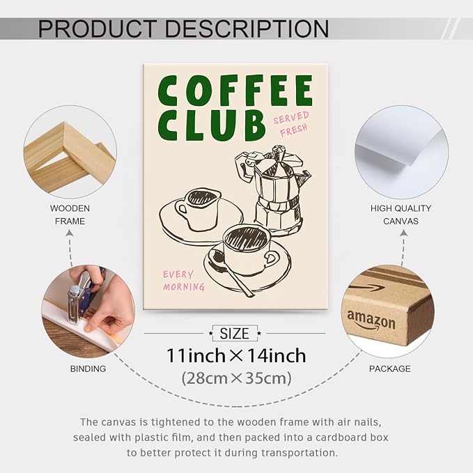 Framed Canvas Wall Art Posters Kitchen Coffee Club Print Vintage Coffee Artwork - Image 2