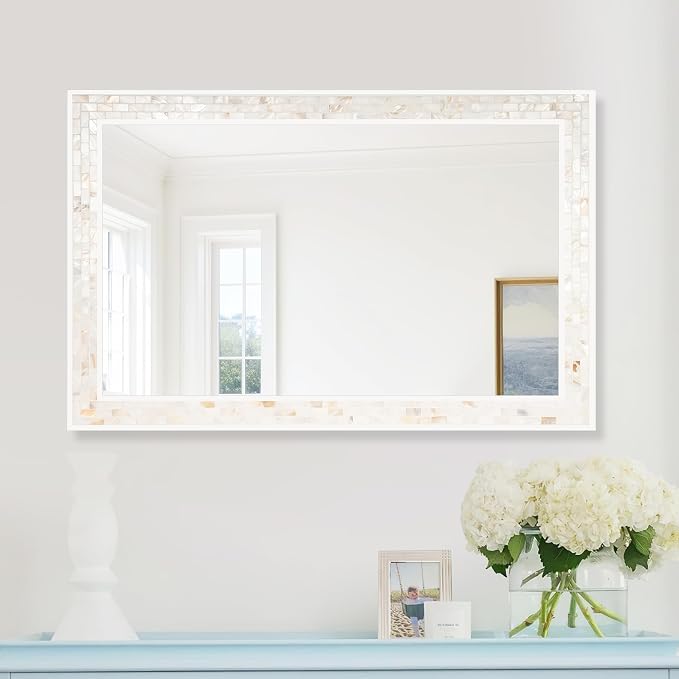 Tanmicoshomy 26 x 40 Inch Rectangle Bathroom Mirror, Natural Shell Framed - Image 8