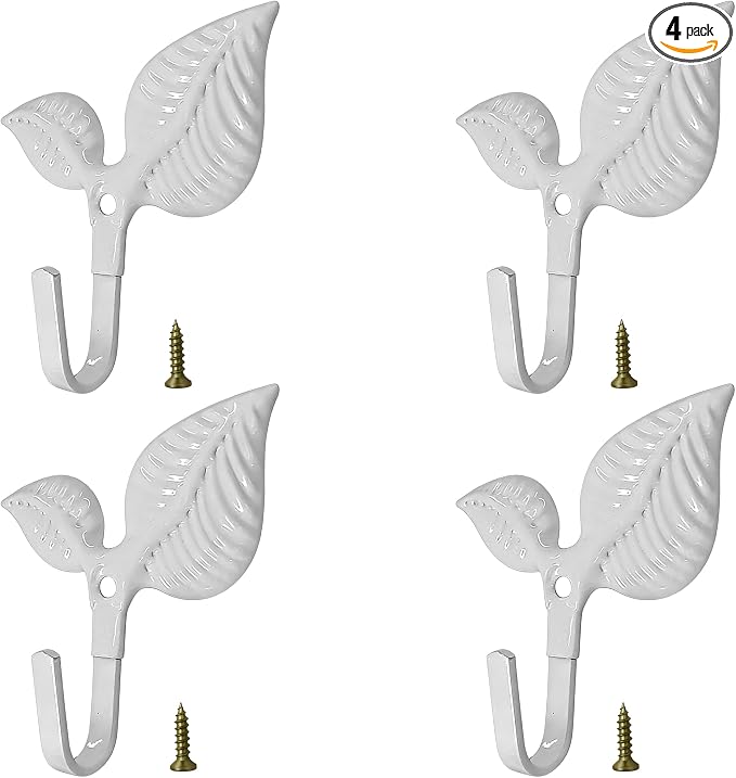 Set of 4 Vintage Leaf Wall Hooks White Metal Coat Hooks Heavy Duty Decorative by Unknown
