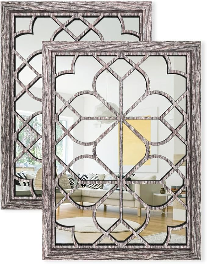 Set of 2 19x26 Inch Large Brown Shatterproof Rectangular Wall Mirrors, Boho by HMANGE