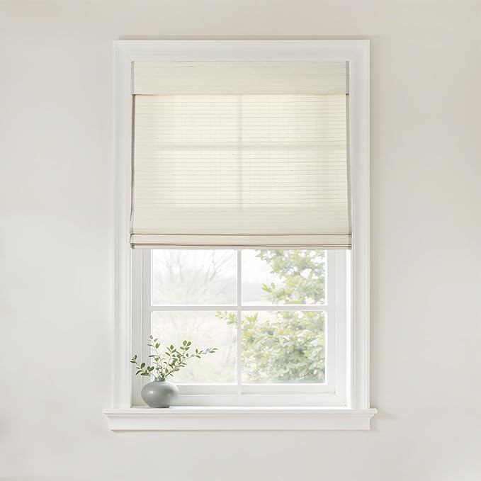 TWOPAGES Natural Woven No Drill Roman Shades, Custom Cordless Blackout Bamboo by TWOPAGES