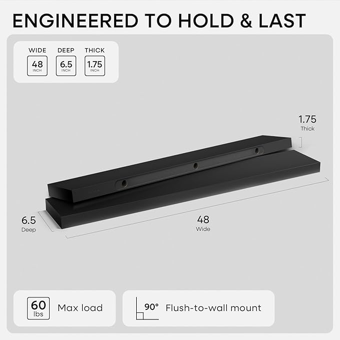 Homeforia Black Floating Shelf 48 inches, High End Solid Real Wood 48 inch Long - Image 2
