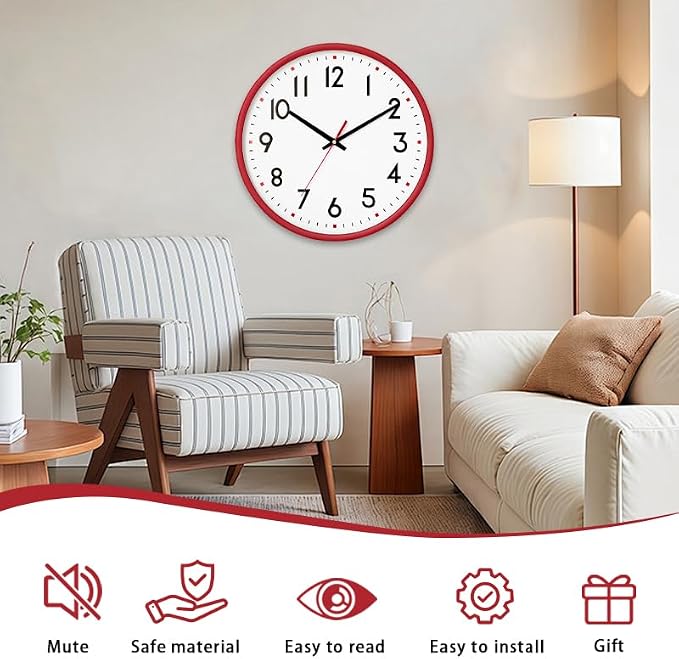 HZDHCLH Wall Clock Red, Silent Wall Clocks Battery Operated 12 Inch Modern Non - Image 2