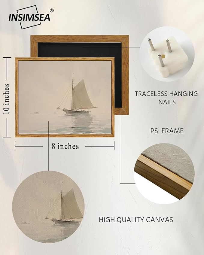 InSimSea Framed Canvas Wall Art, Vintage Sailboat Painting, Rustic Ocean Decor - Image 5