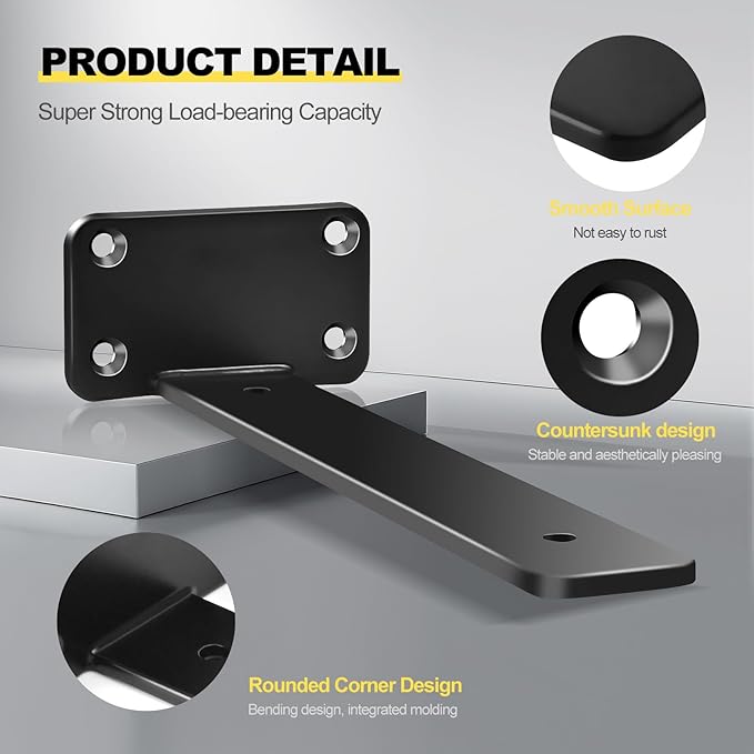 4 Pack - 12 inch Black Hidden L Shelf Bracket Iron Floating Shelf Brackets - Image 6