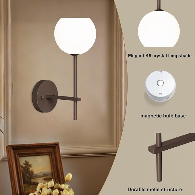 Brown Battery Operated Wall Sconces Set of 2, Rechargeable Wireless Wall Lights - Image 8