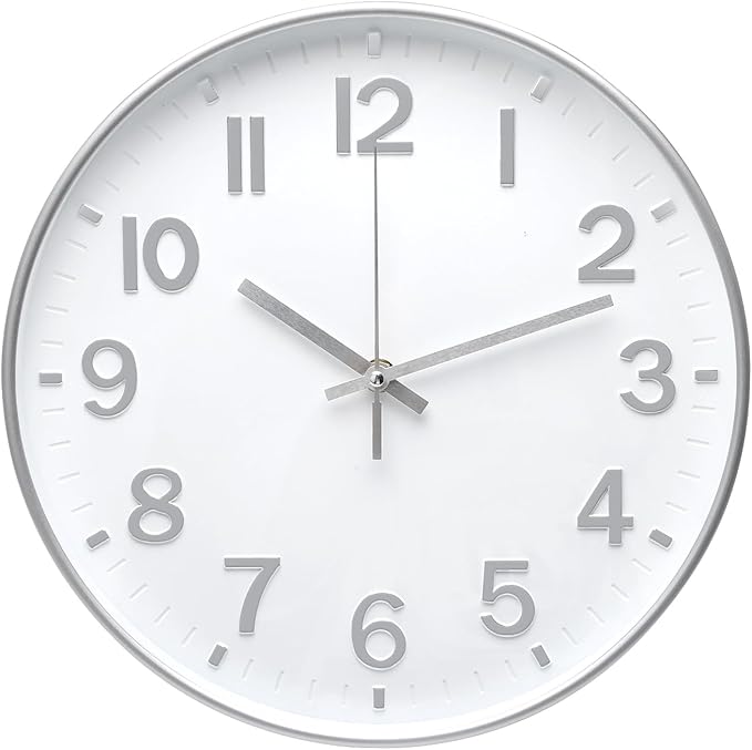 Wall Clock 12 In White-Silver Modern Simple Quartz Decorative Clock Non-Ticking by BAKBRAND